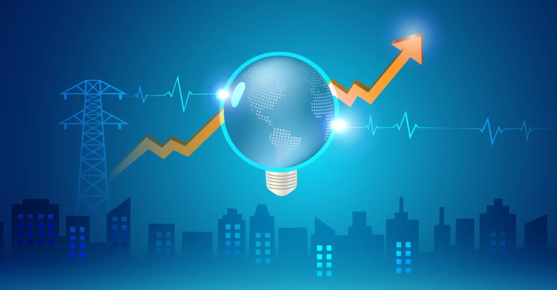 Imagem gráfica de fundo azul com sombras de prédios e estação de energia com uma seta laranja em posição de crescimento.